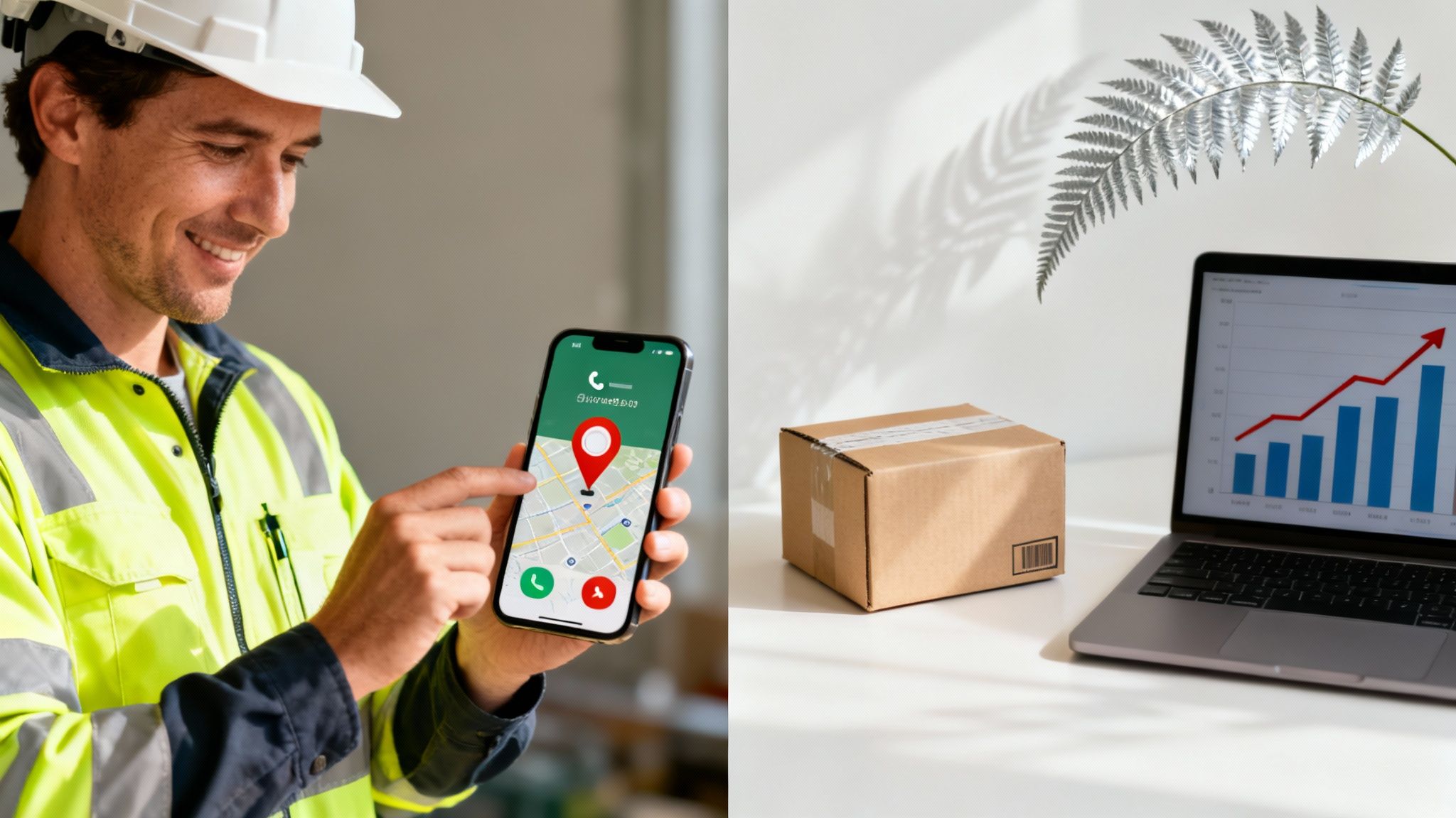 Delivery worker using mobile tracking app next to laptop showing business growth analytics chart