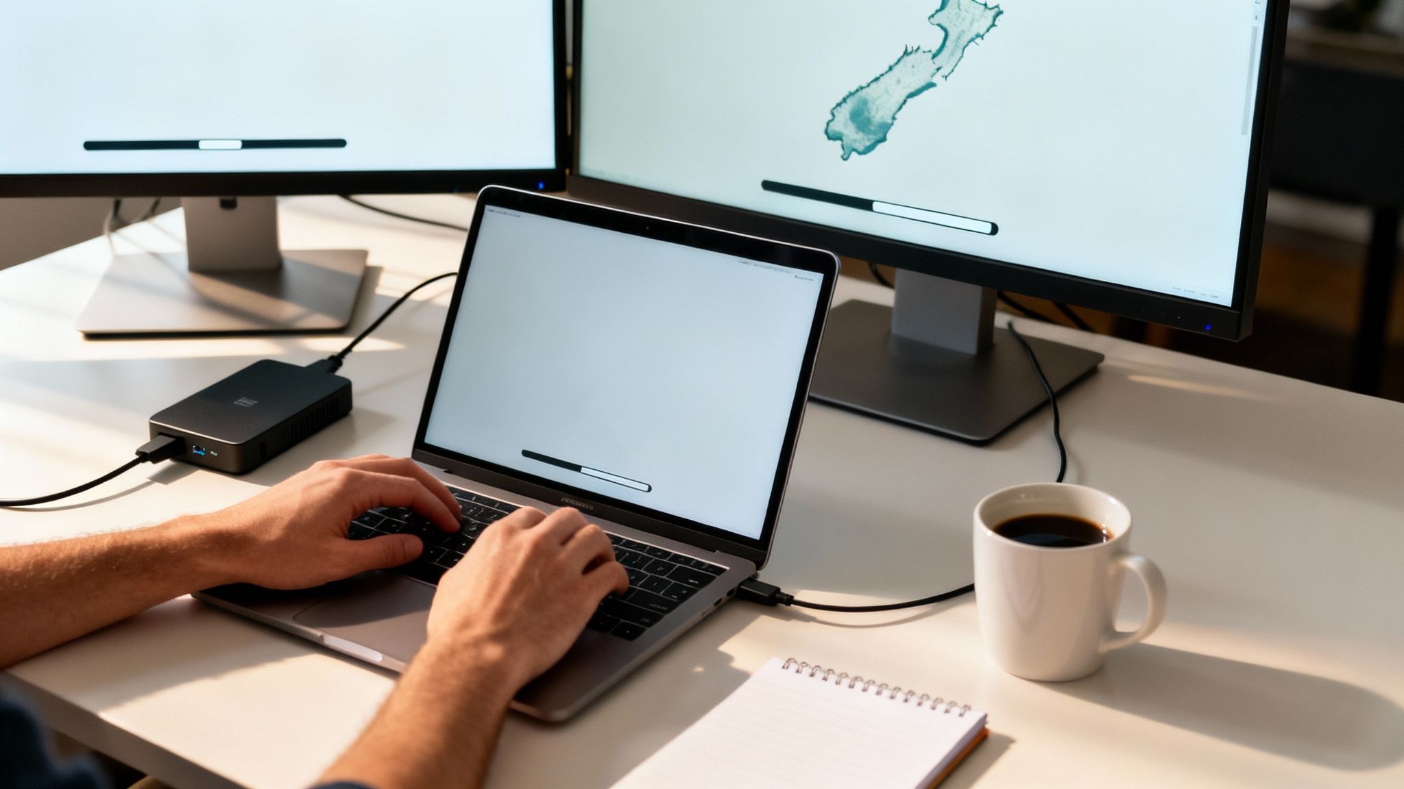 Close-up of a person typing on a laptop, connected to an external dock and dual monitors.