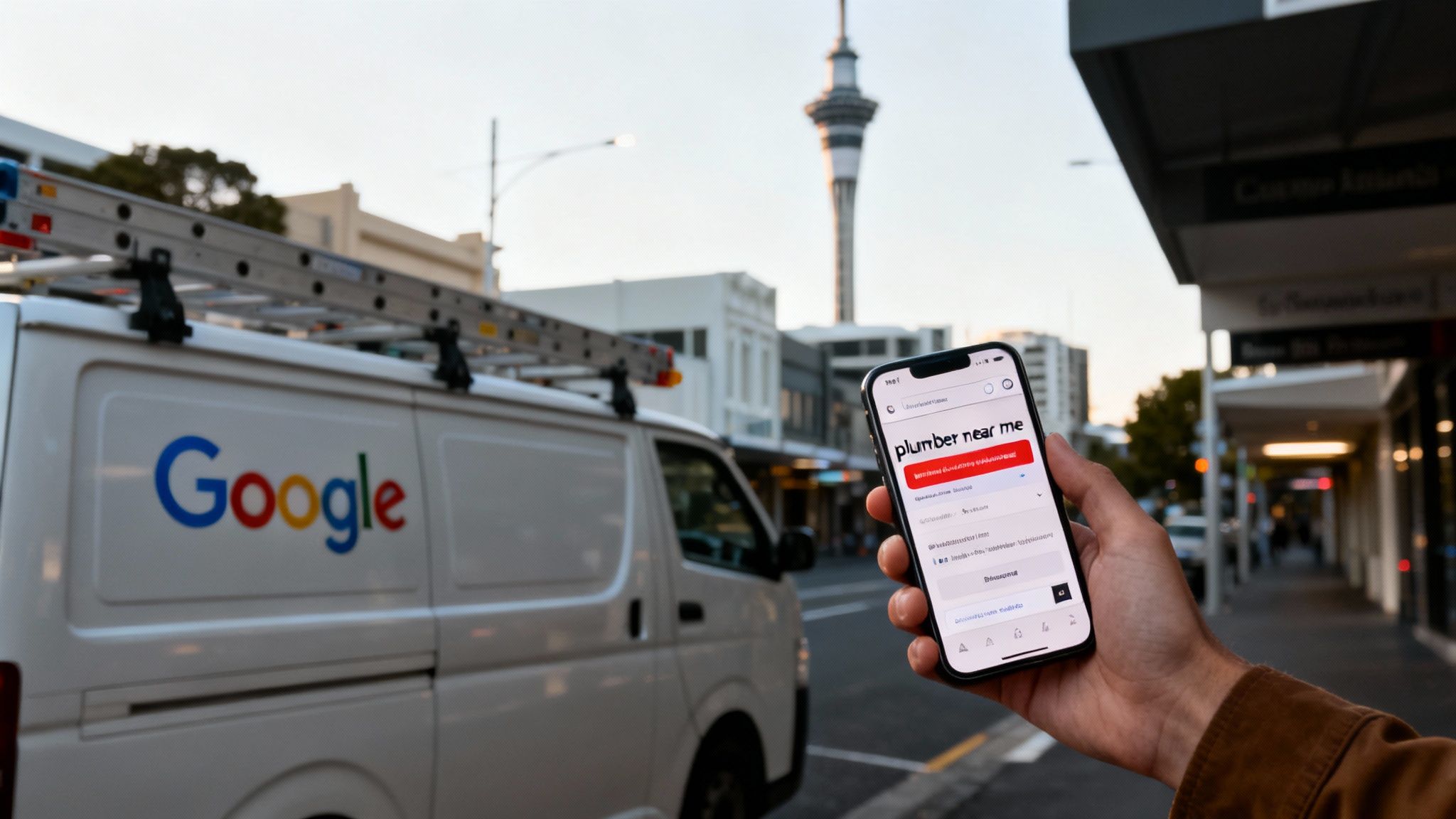 Person holding smartphone showing 'plumber near me' Google search, with a branded Google van and Sky Tower.