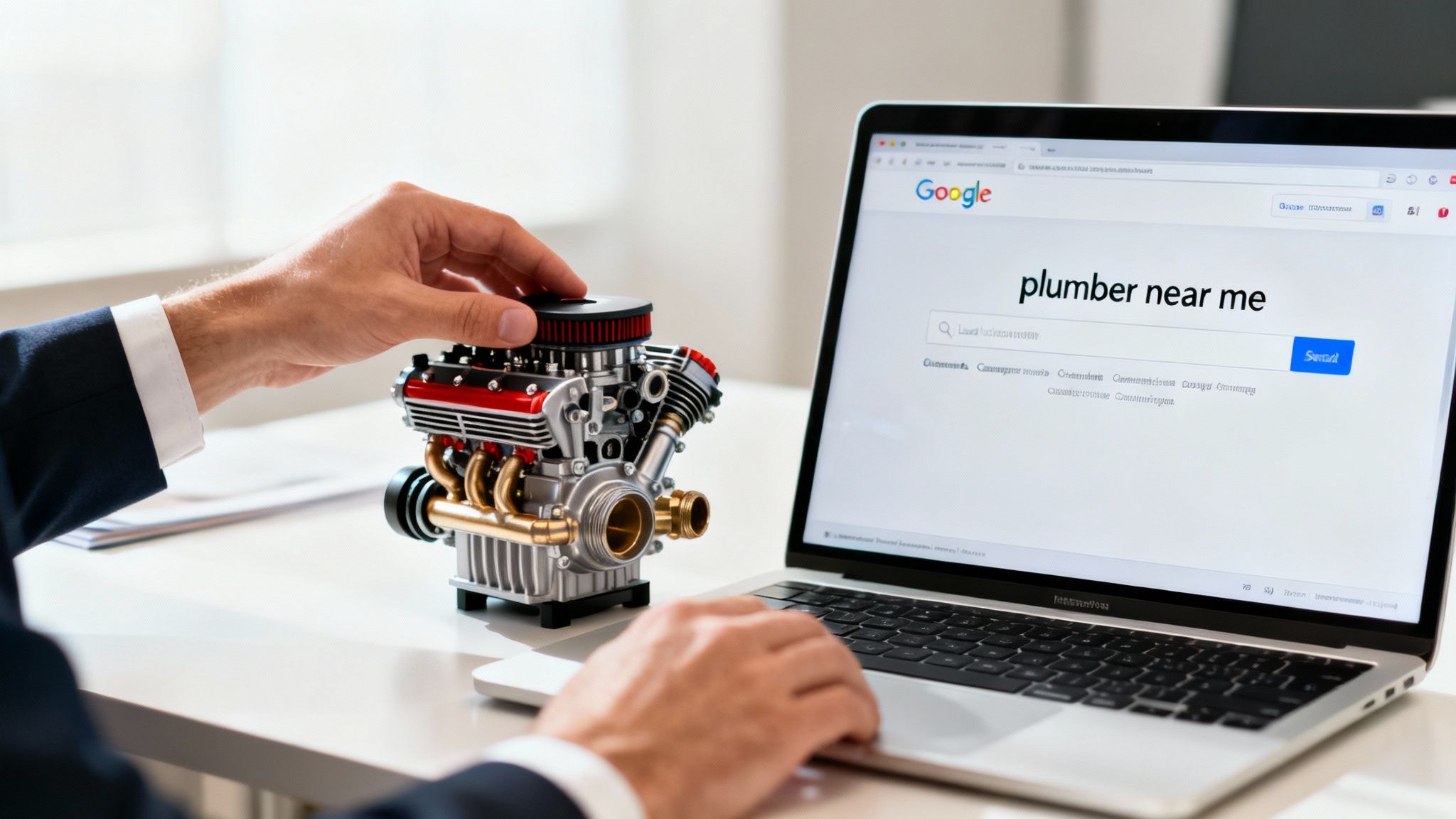 A person searching 'plumber near me' on a laptop while holding a miniature car engine model.