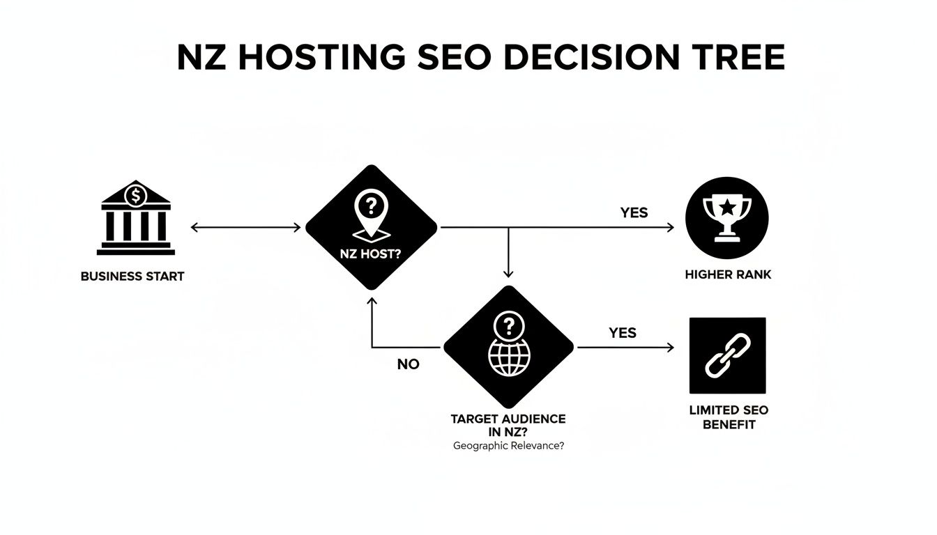 A decision tree illustrating the SEO benefits of NZ hosting and targeting an audience in New Zealand.