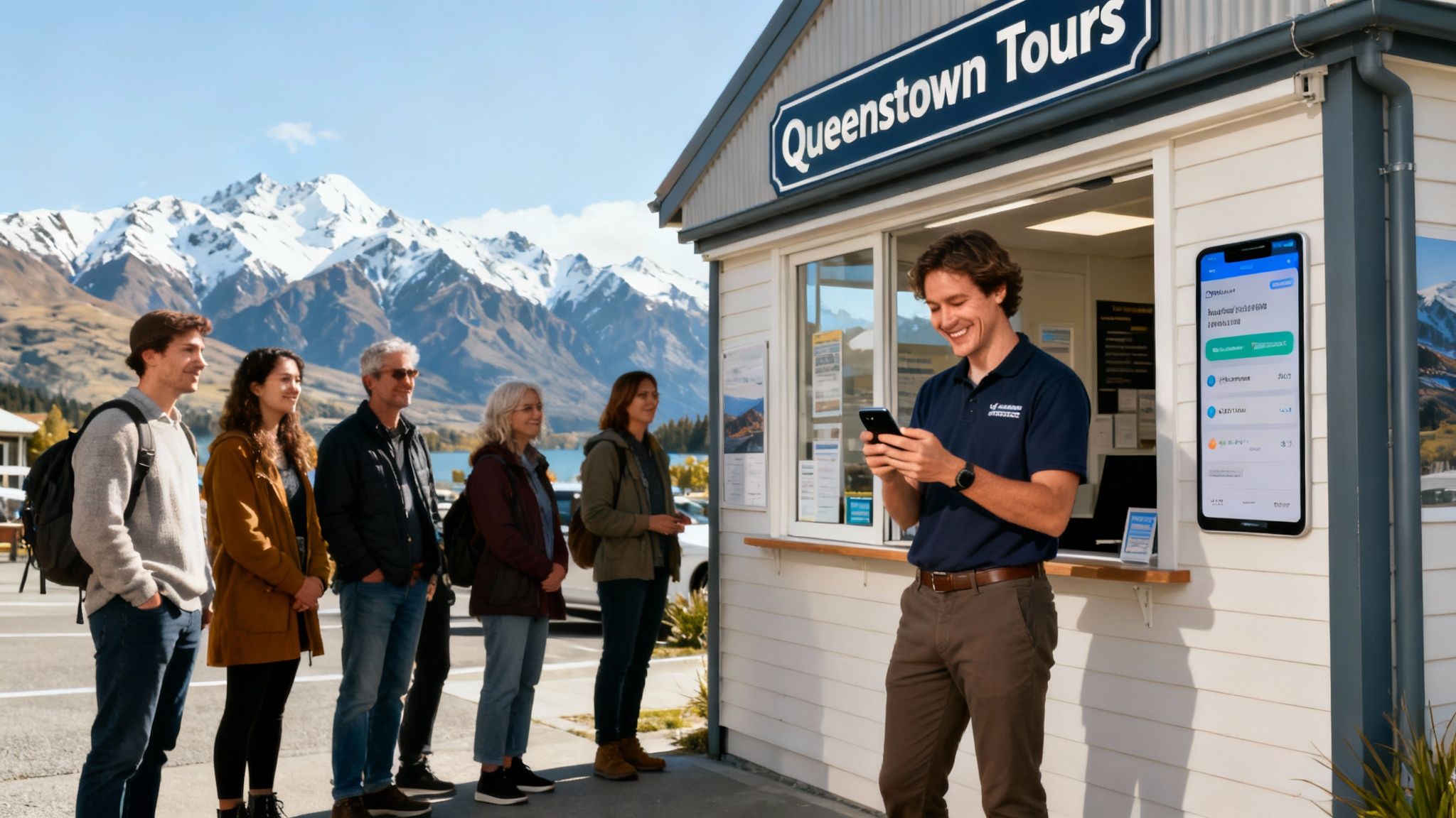 A Hamilton-based builder reviewing project plans on a tablet, with a thriving local construction site in the background.