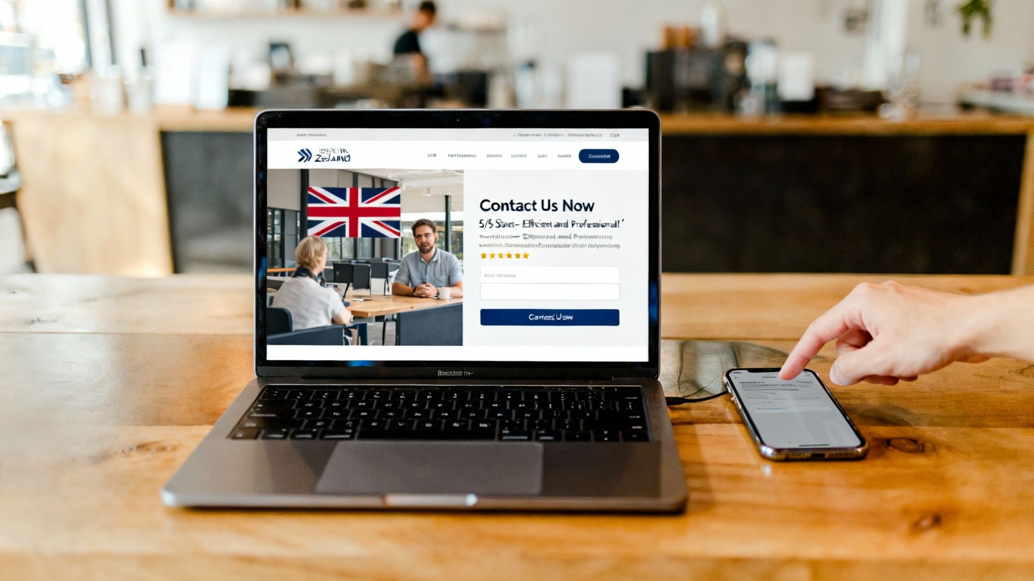 A laptop on a wooden table displays a 'Contact Us' page with a UK flag, next to a hand using a smartphone.