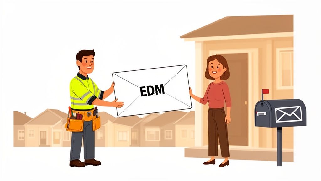 A delivery person in a high-vis vest hands a large 'EDM' envelope to a smiling woman.