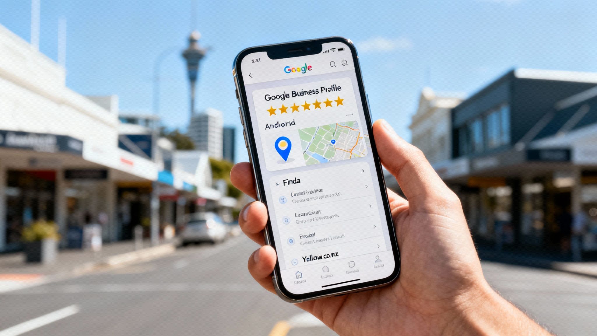 Person holding smartphone displaying Google Business Profile with five star rating and location map on Android device