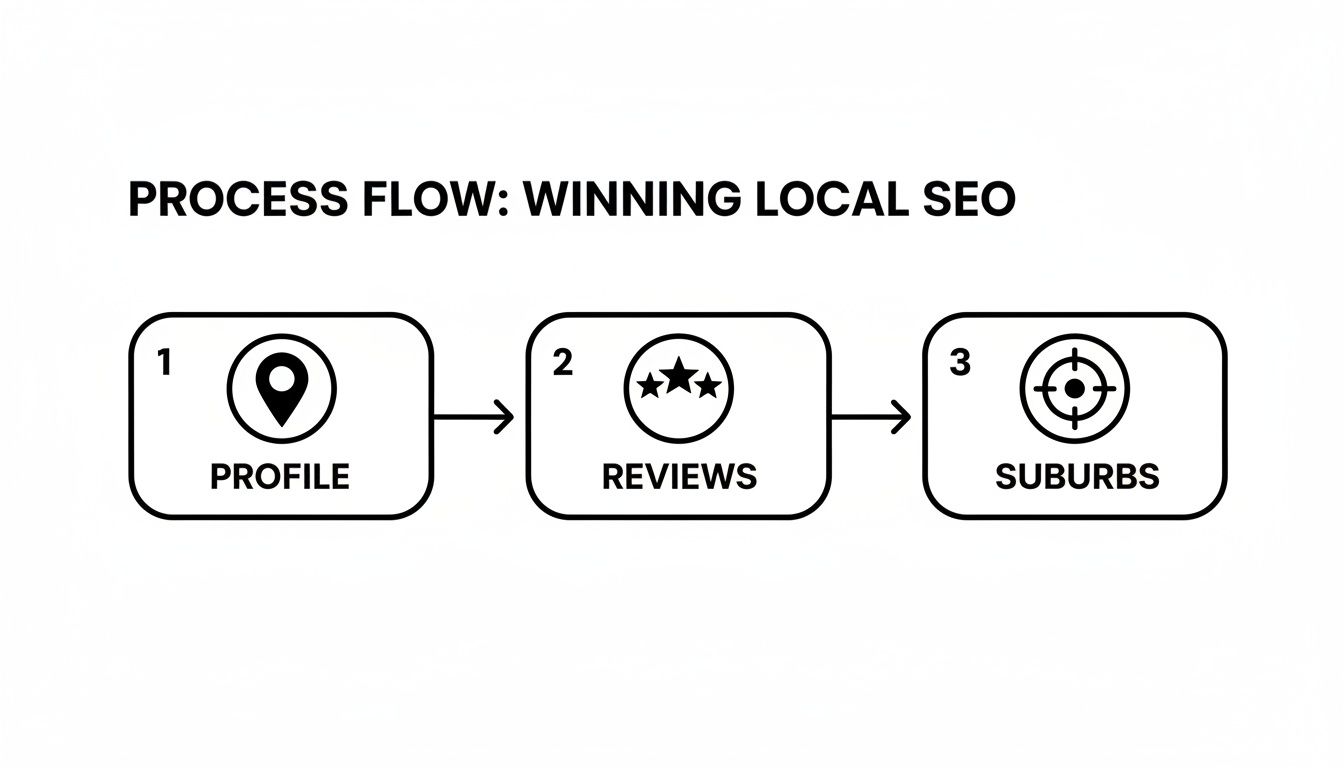 A three-step process flow diagram illustrating how to win local SEO: Profile, Reviews, and Suburbs.
