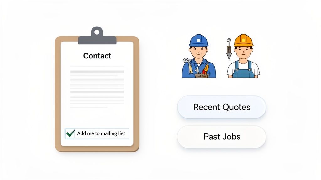 An interface showing a contact form with mailing list option, two construction workers, and buttons for quotes and past jobs.