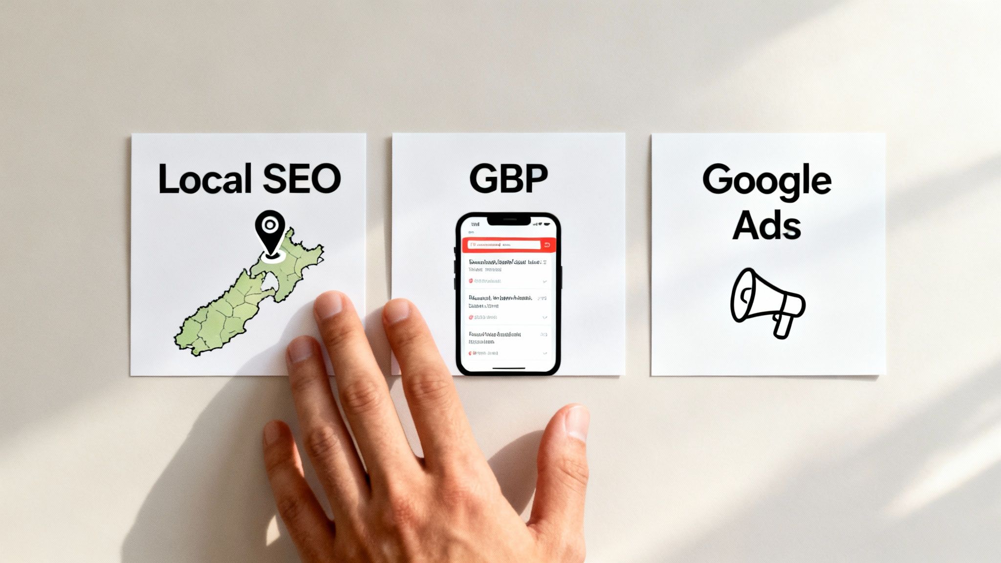 Hand reaching for Local SEO card next to GBP and Google Ads marketing strategy cards