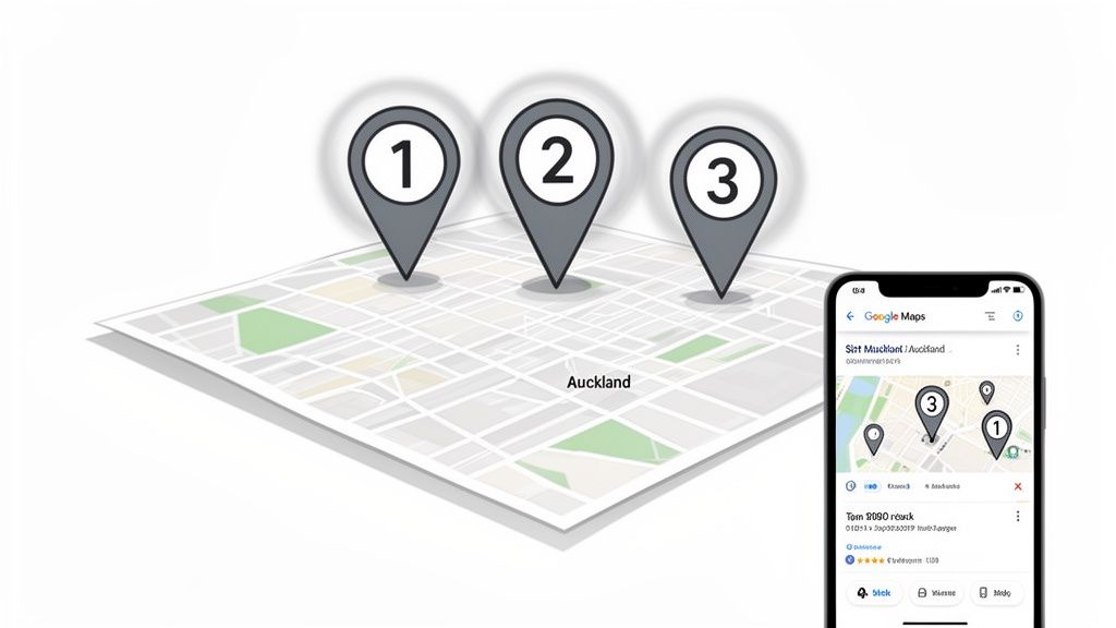 Numbered location pins on a map of Auckland next to a smartphone showing Google Maps.