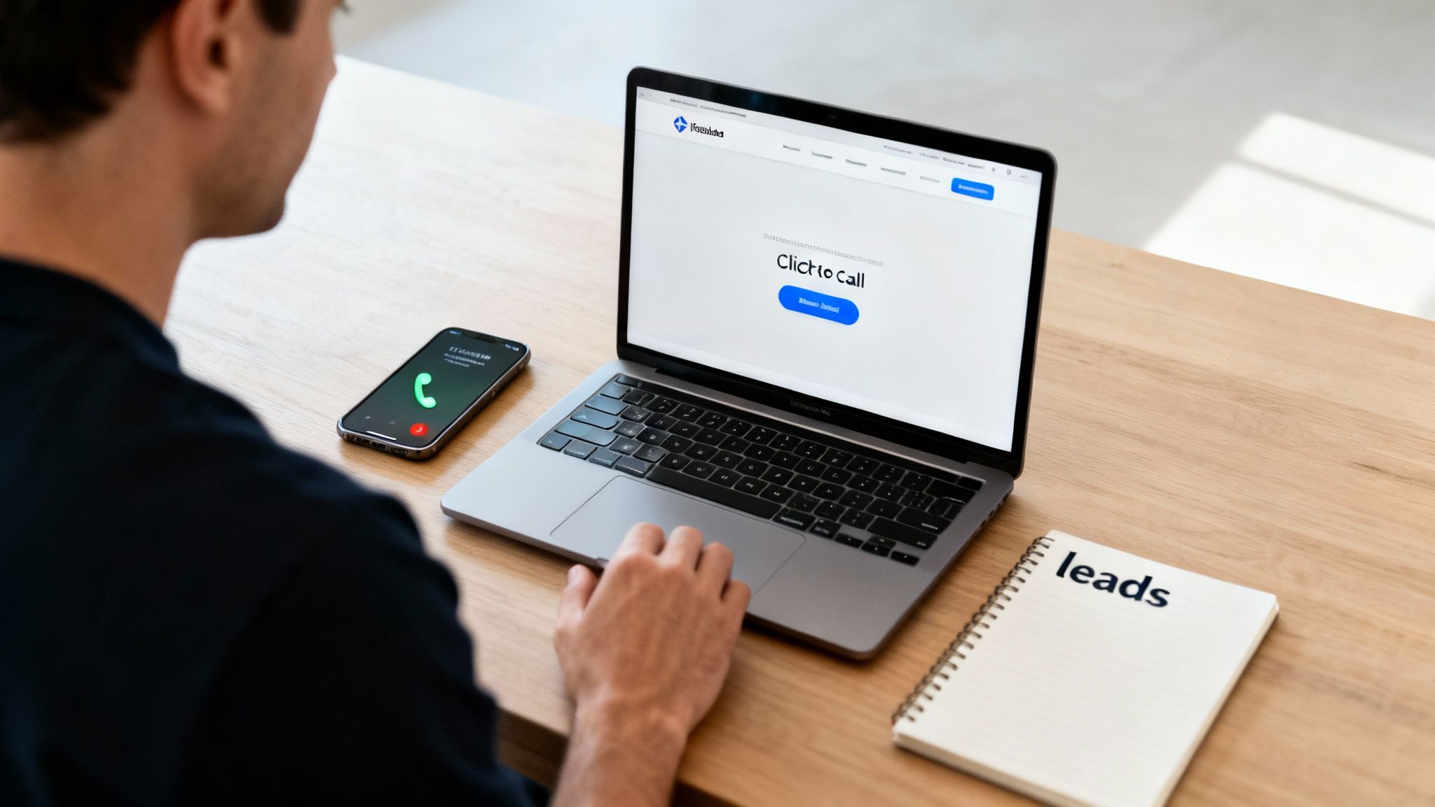 Over-the-shoulder view of a man working at a desk with a laptop, ringing phone, and 'leads' notebook.
