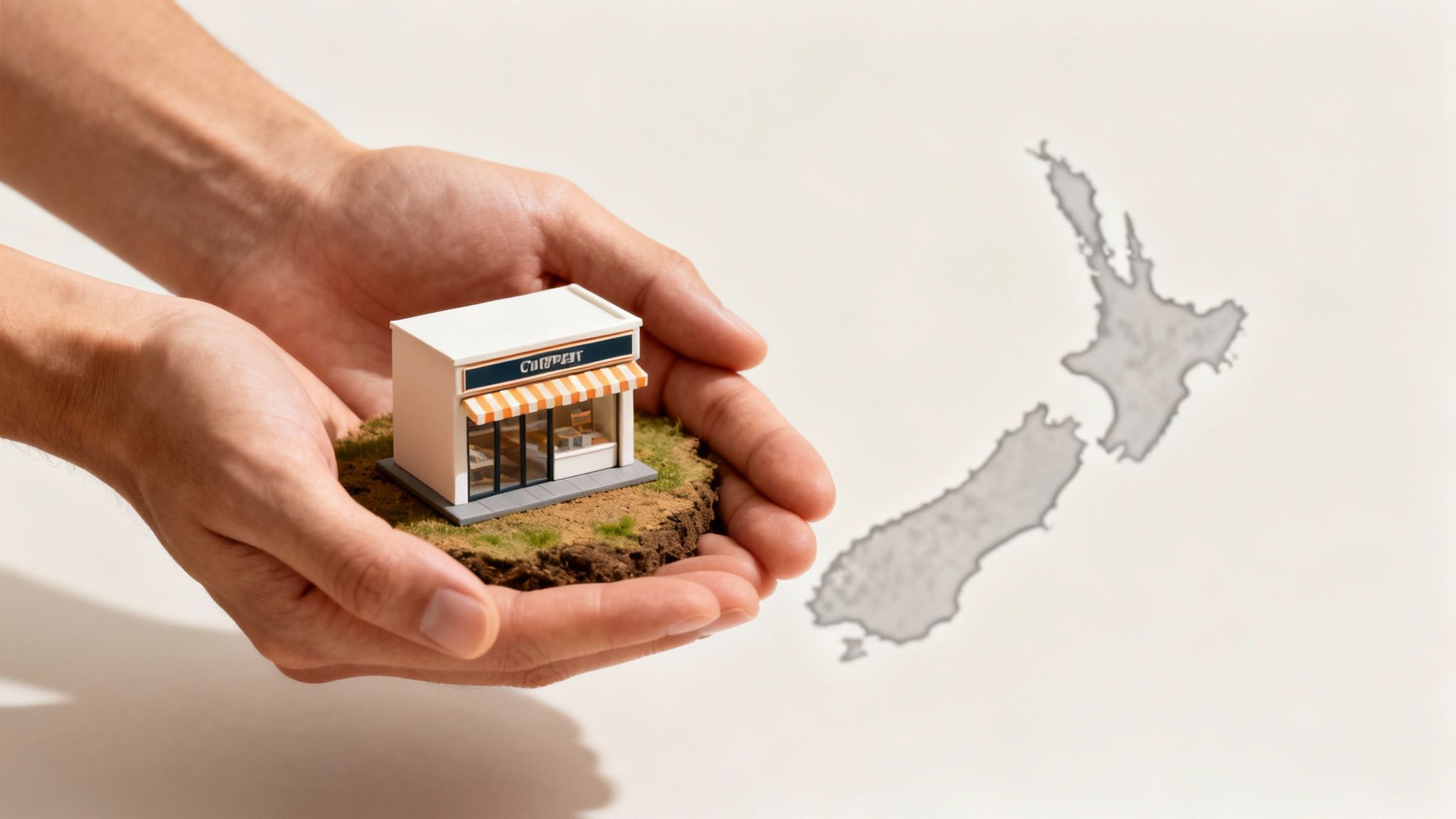Hands hold a miniature store model with a New Zealand map in the background, symbolizing local business.