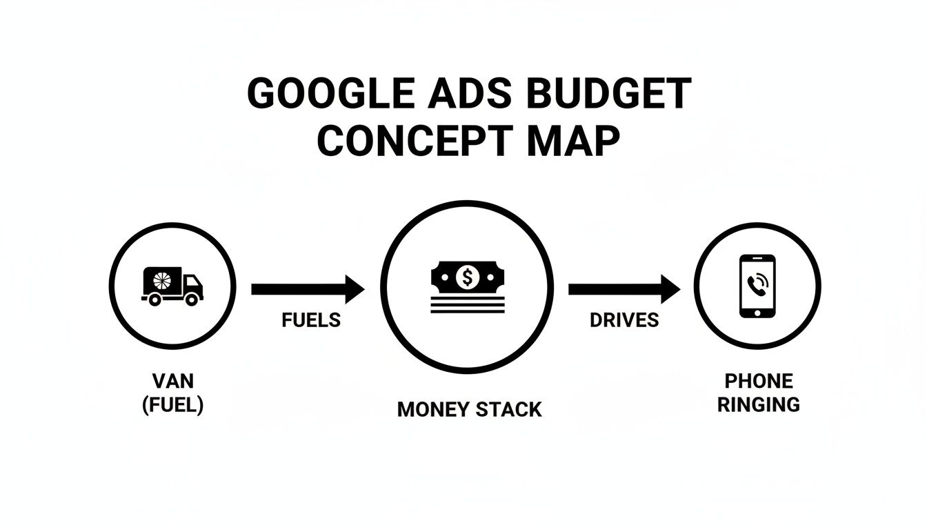 Concept map showing a van (fuel), fueling a money stack, which drives phone ringing.