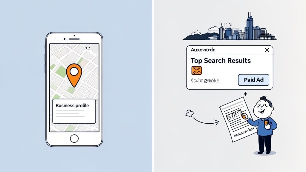 Illustration showing a smartphone with a business profile on a map and search engine results with a paid ad.