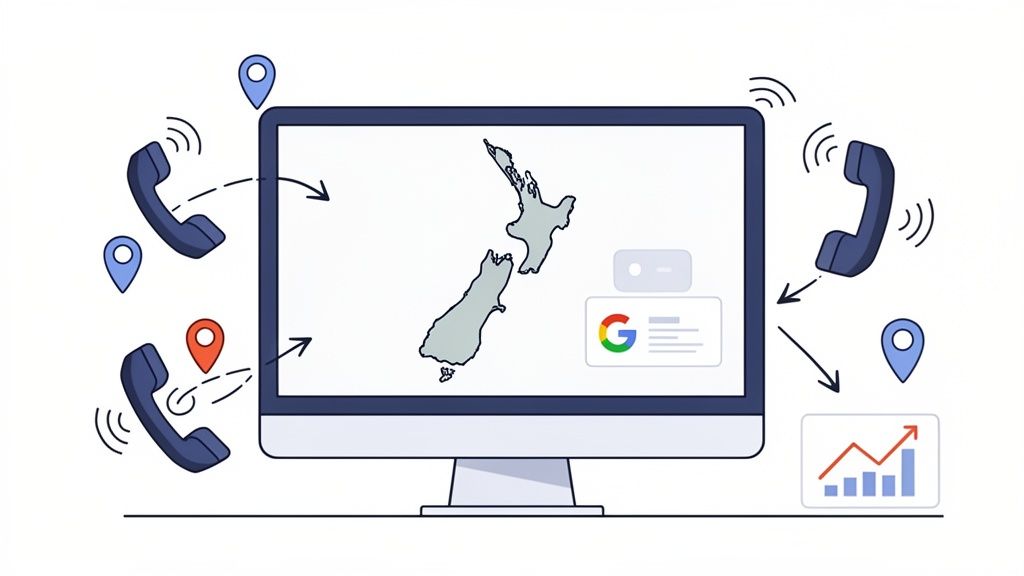 Monitor showing New Zealand map, Google search, phones, and growth chart, for local business call tracking.