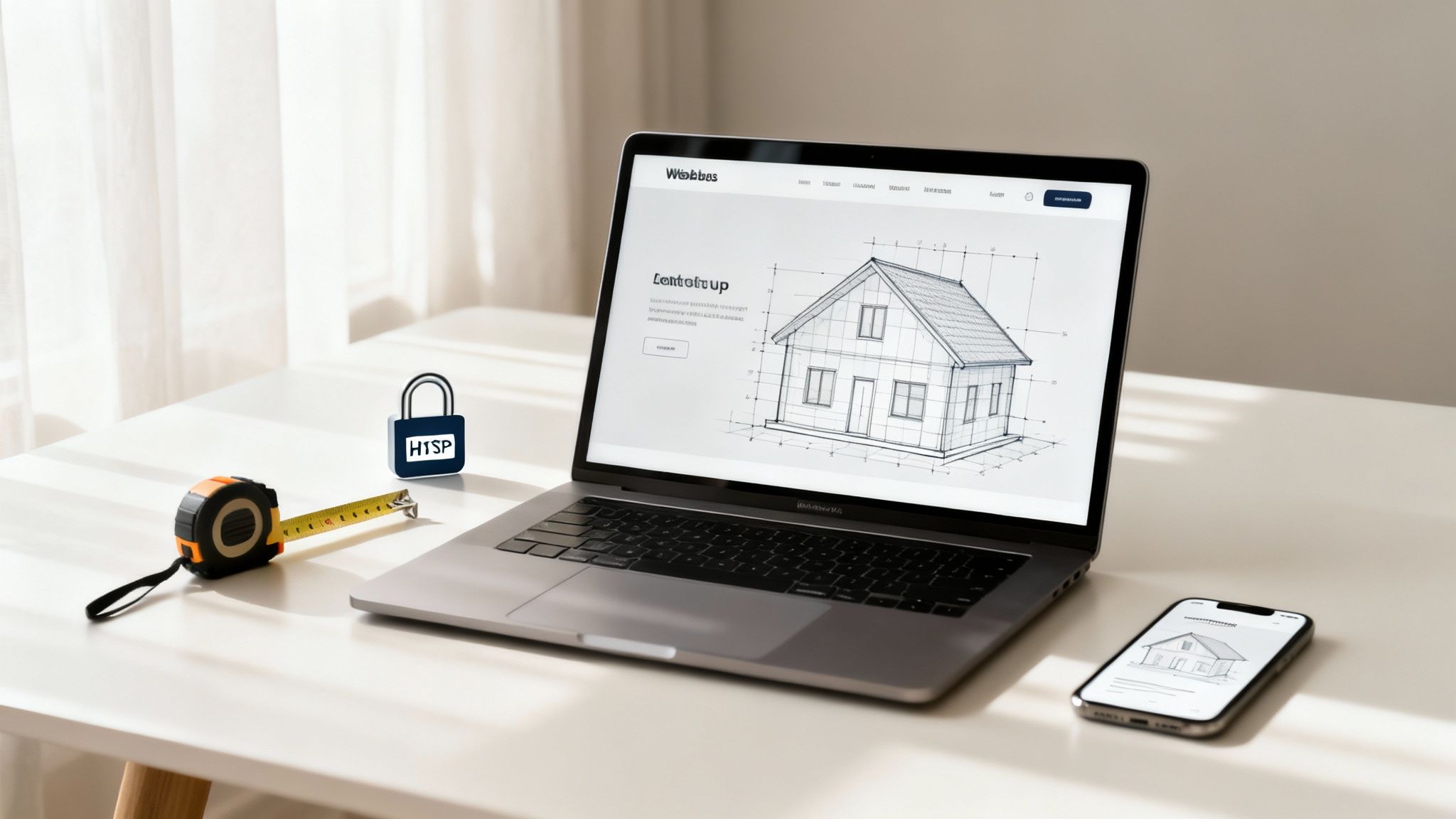 A white desk holds a laptop with house blueprints, a measuring tape, a padlock, and a smartphone.