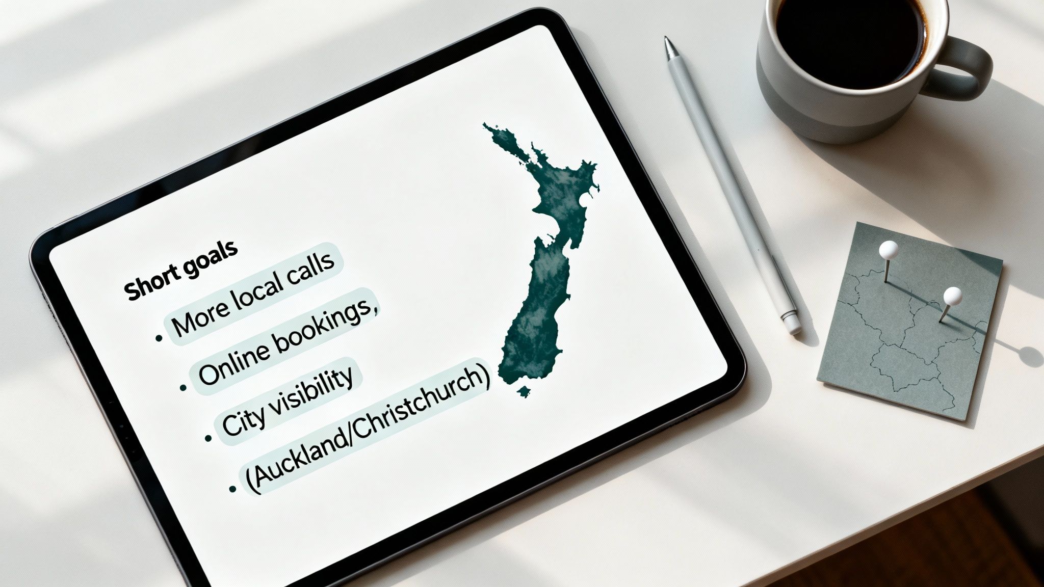 Tablet displays New Zealand map and short business goals for local calls, online bookings, and city visibility.