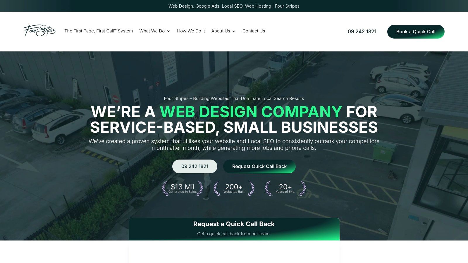 A screenshot of the Four Stripes website homepage showing its focus on web design and SEO for NZ service businesses.