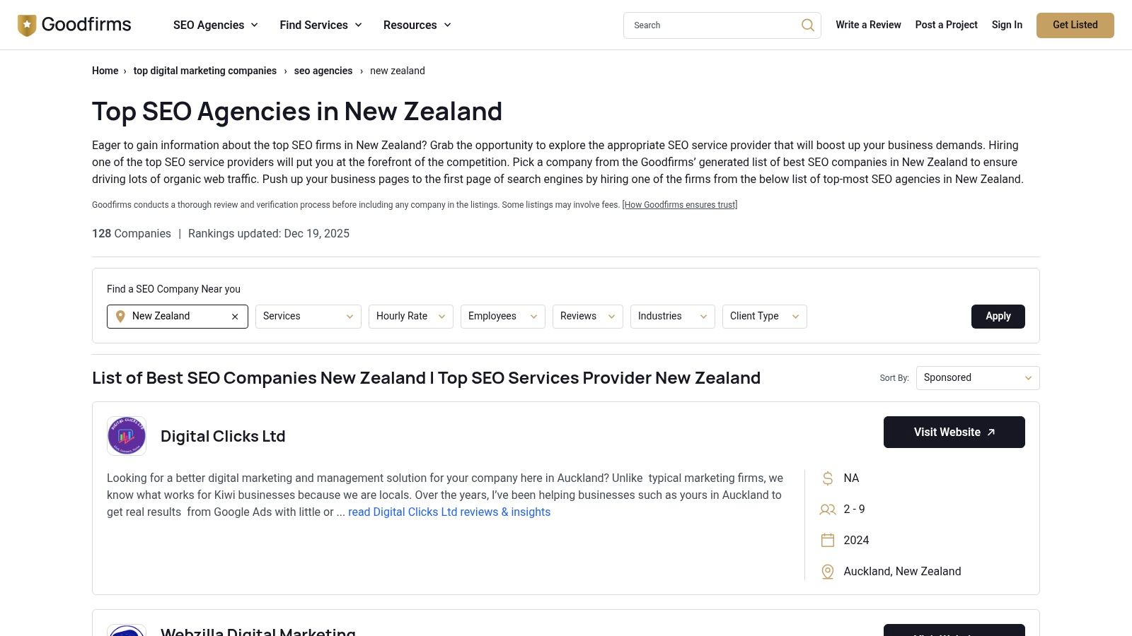 GoodFirms directory for SEO companies in NZ