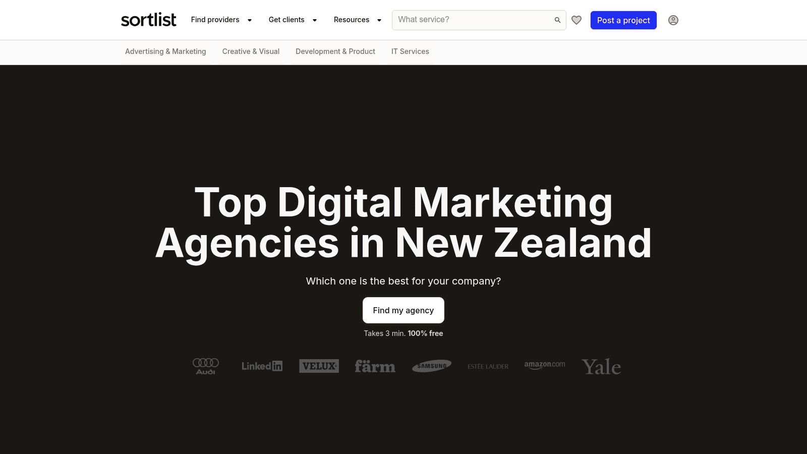 A screenshot of the Sortlist website showing how a business can post a project to find and connect with digital marketing agencies in New Zealand.