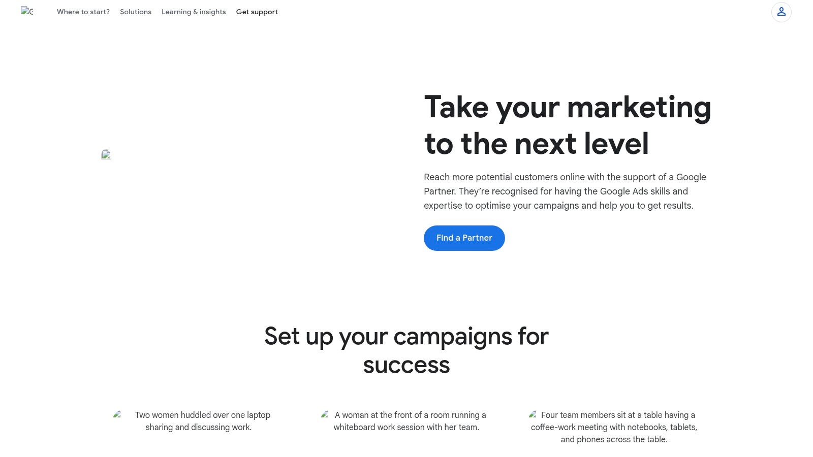 A screenshot of the Google Partners directory homepage, showing the search bar to find a partner.