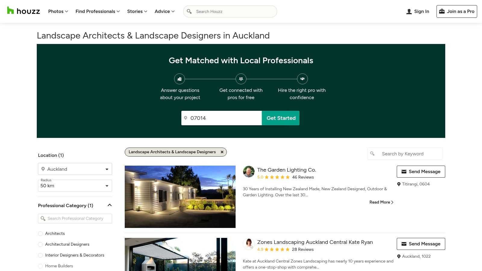 A screenshot of the Houzz NZ platform showing a directory listing of Auckland landscape professionals with photos and ratings.
