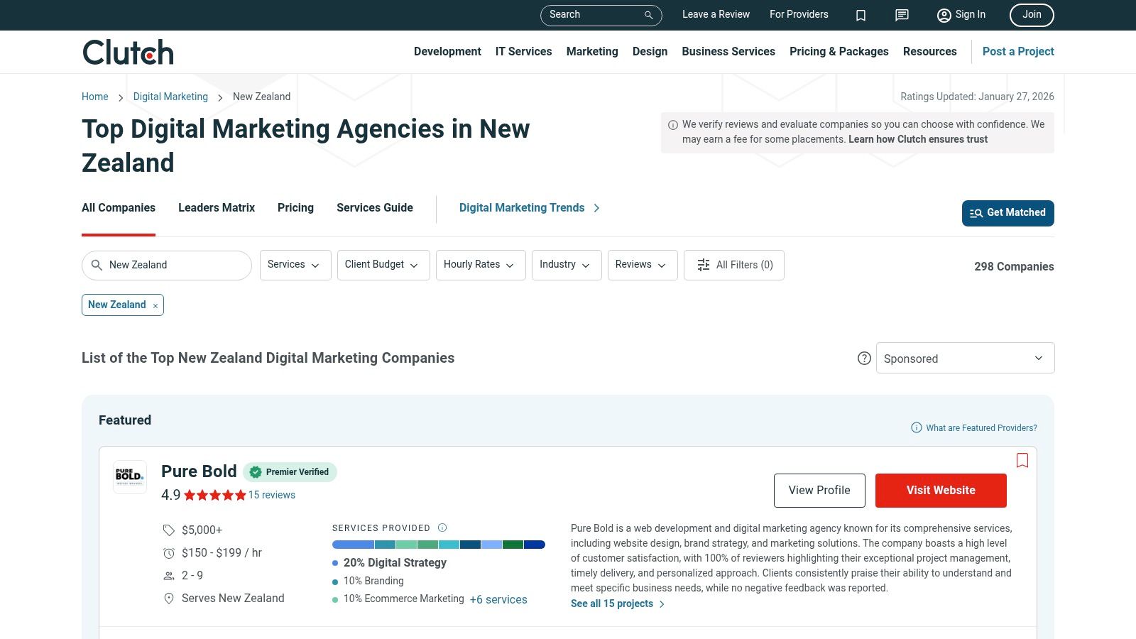 A screenshot of the Clutch.co website showing a list of digital marketing agencies in New Zealand, with filters for services, location, and budget.