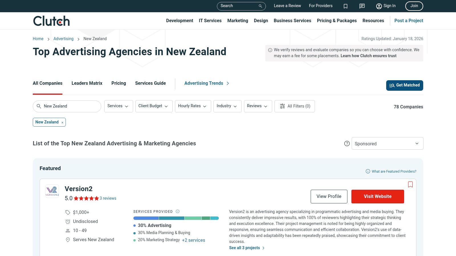 A screenshot of Clutch's list of top advertising agencies in New Zealand, showing agency profiles with ratings and key details.