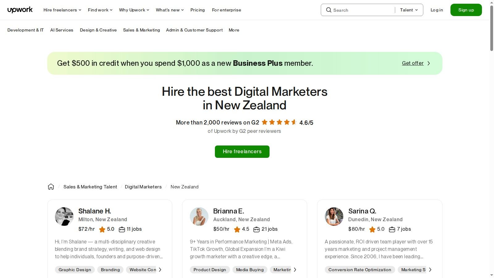A screenshot of the Upwork website showing profiles of digital marketing freelancers based in New Zealand, with their titles, hourly rates, and job success scores.