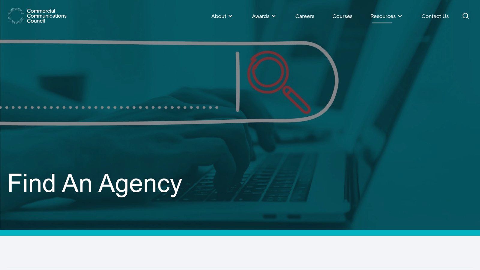 A screenshot of the Comms Council's Find an Agency search page, showing a list of member agency logos.