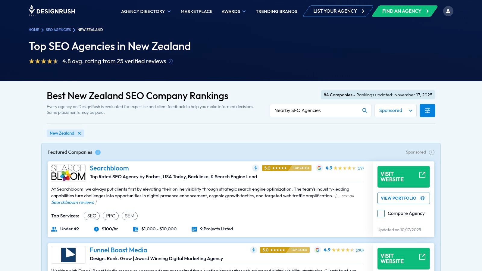 DesignRush NZ SEO Agency directory homepage, showcasing agency listings and filter options.