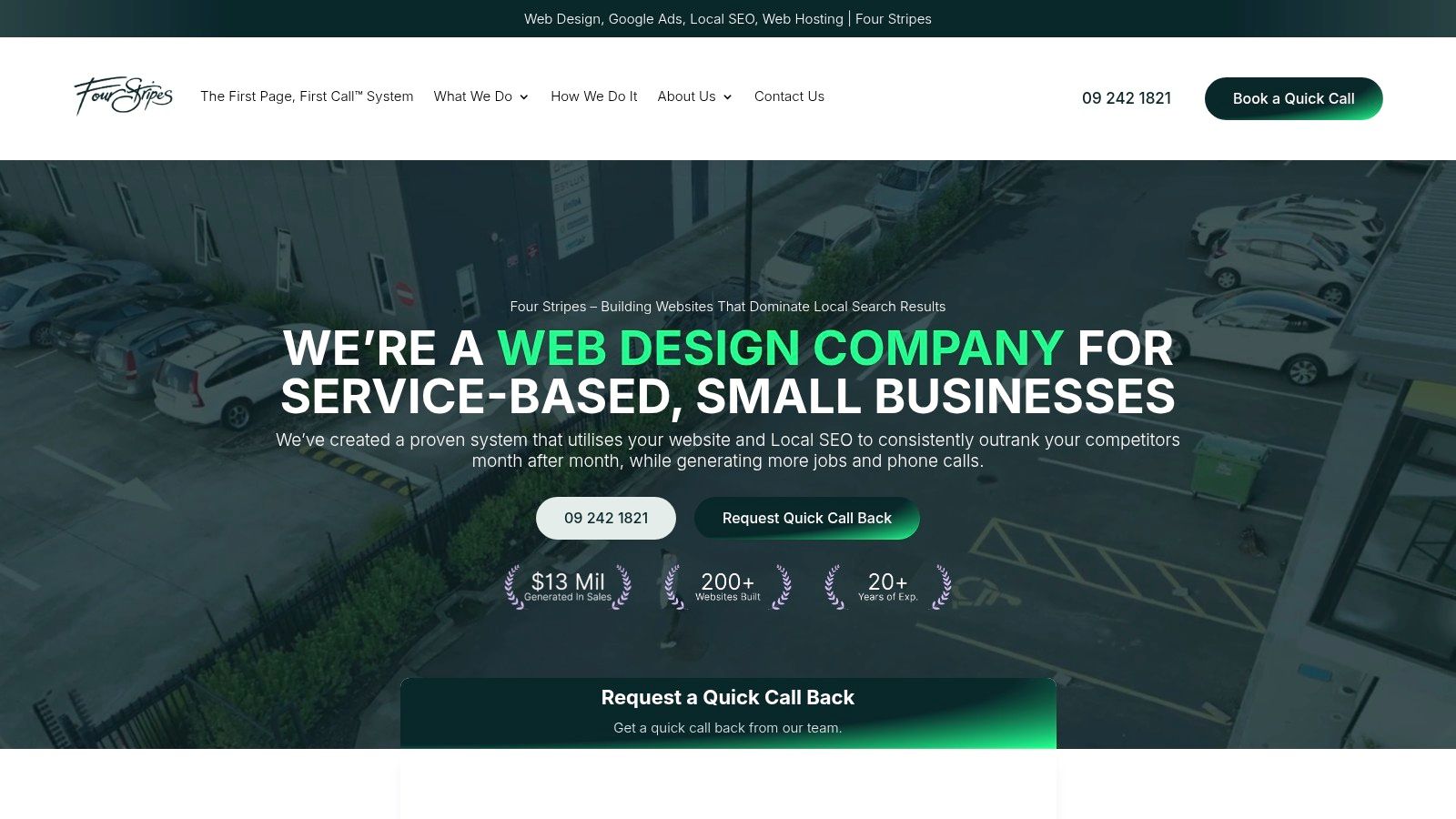 A screenshot of the Four Stripes website homepage, showing their focus on service businesses and their "First Page, First Call" system.