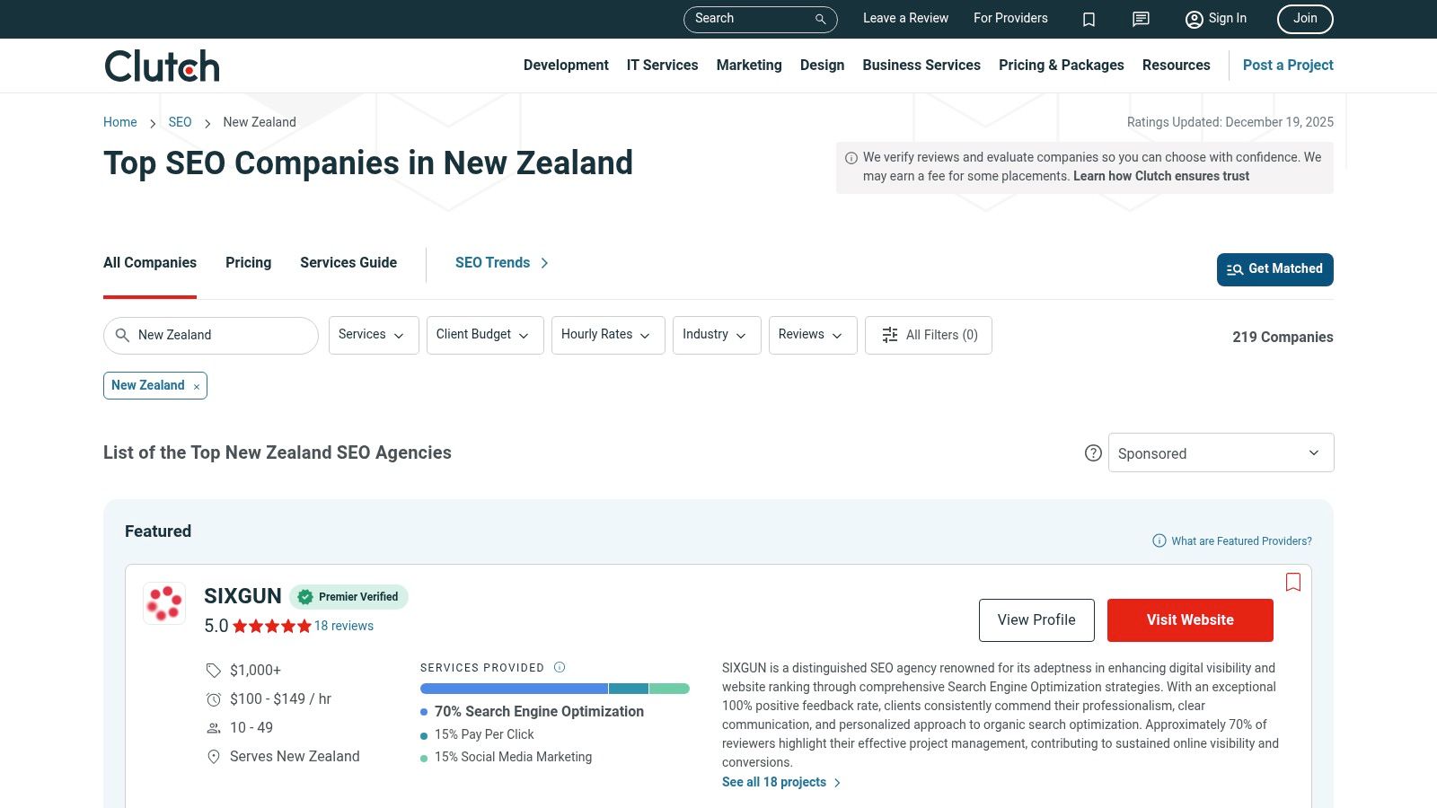 Clutch Leaders Matrix for SEO companies in NZ