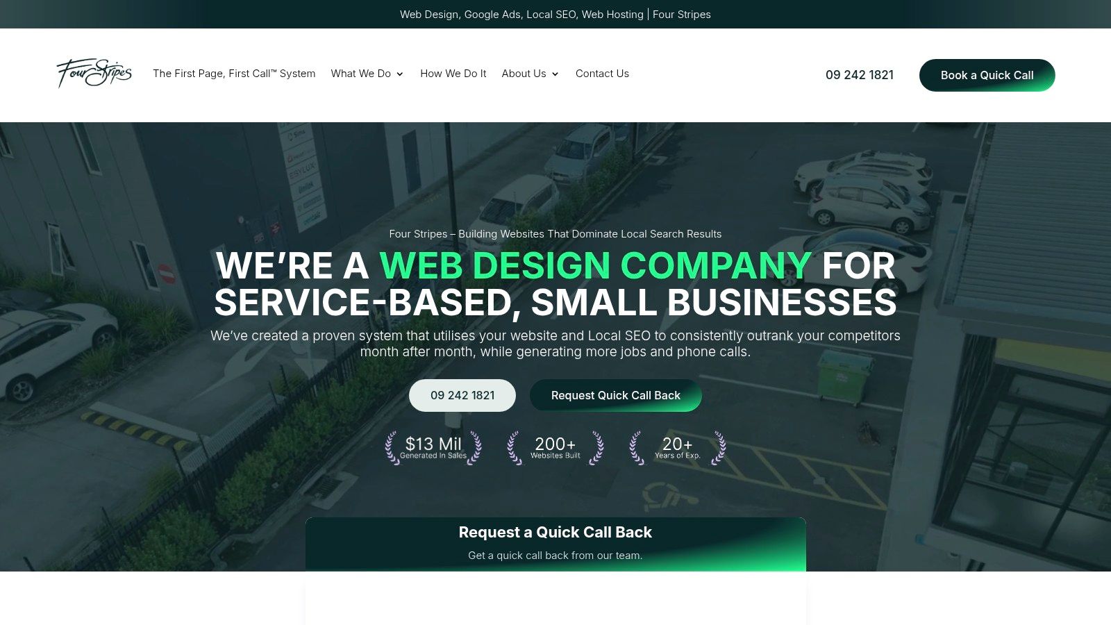 A screenshot of the Four Stripes website showing its focus on web design and local SEO for New Zealand businesses.