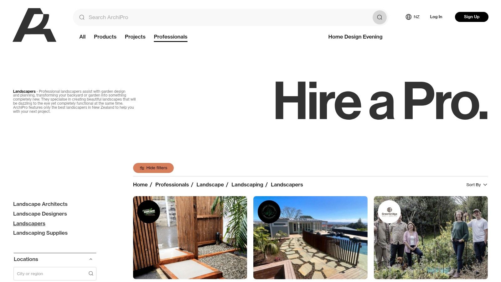 A screenshot of the ArchiPro website showing a directory of Auckland landscaping companies with project images.