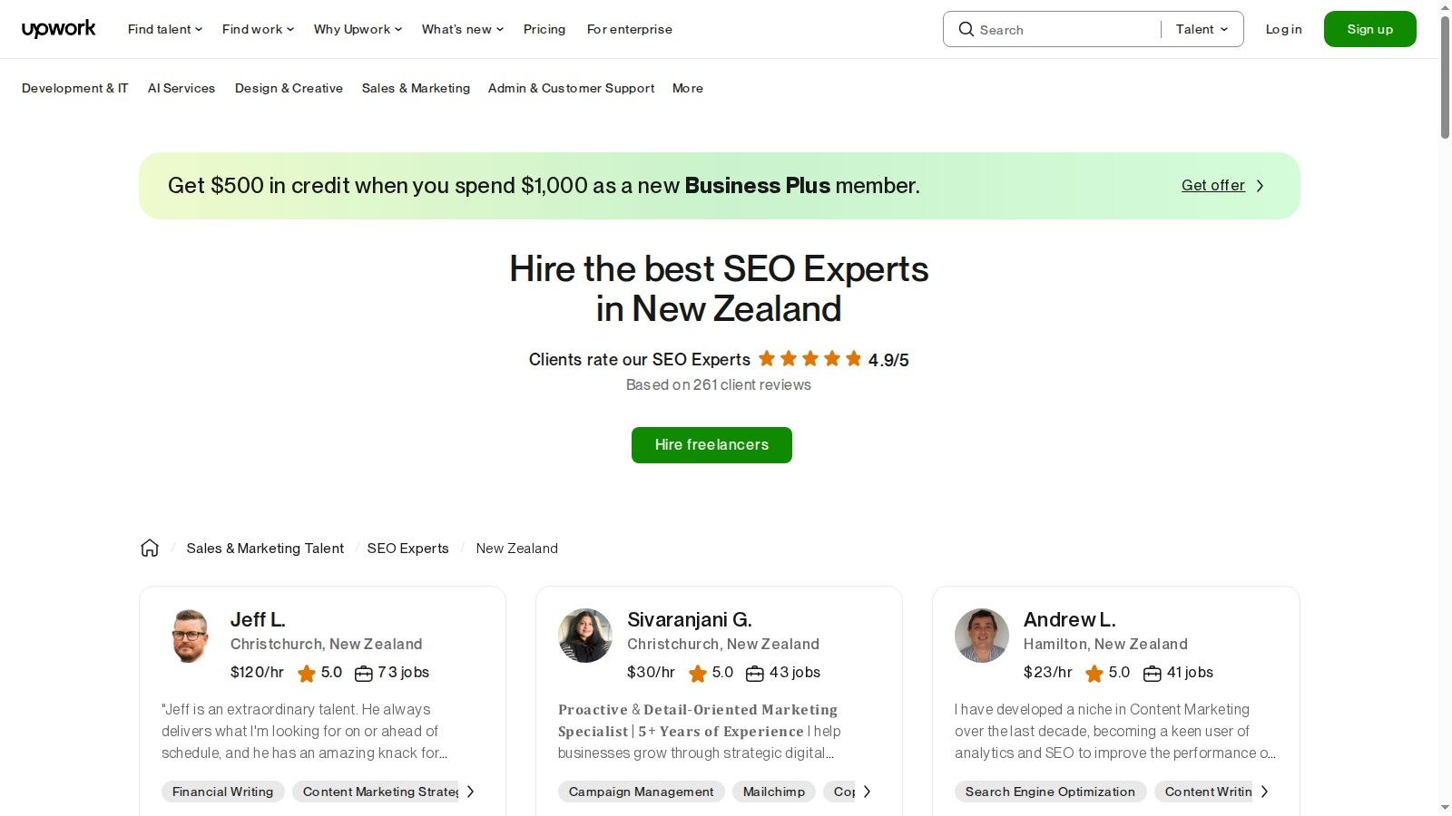 Upwork (Hire SEO experts/freelancers in New Zealand)