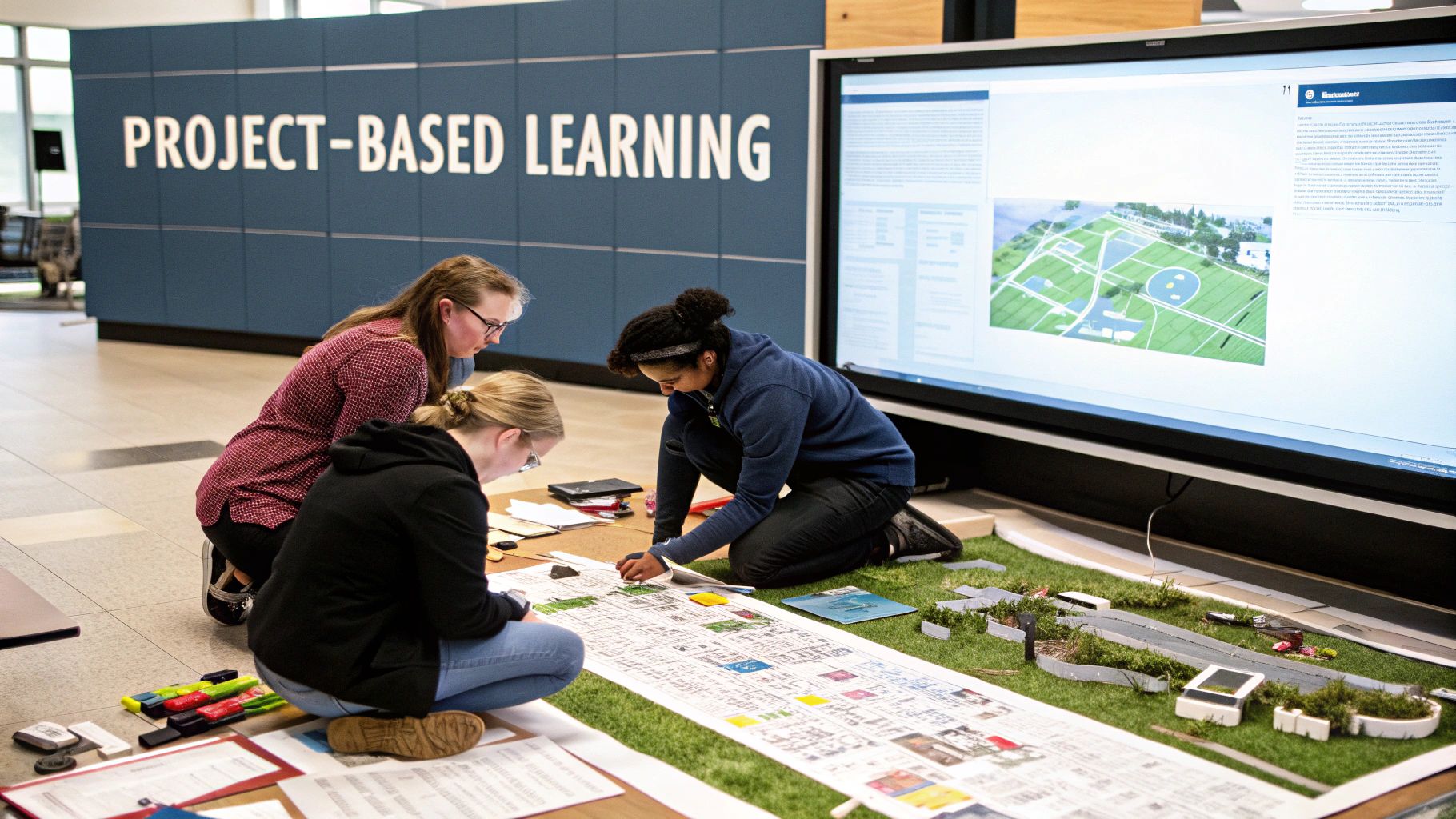 A group of students collaborating on a project with laptops and notes, demonstrating Project-Based Learning in action.