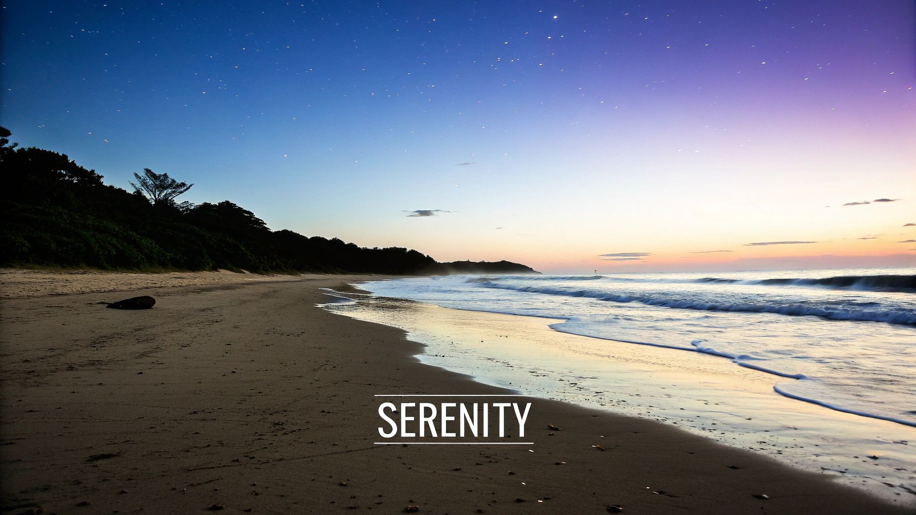 A serene sunset over calm waters, with pastel pink and blue colours in the sky.