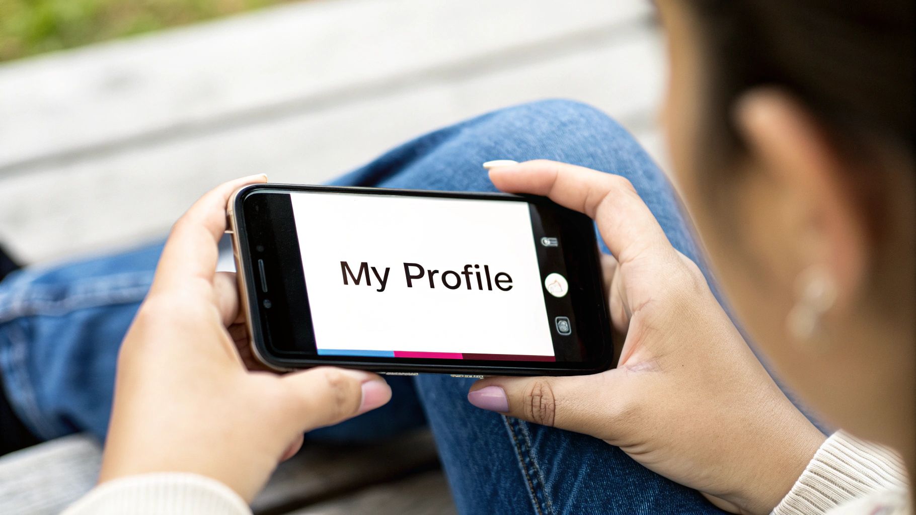 Woman smiling while looking at her phone, representing finding an unarchived Instagram post.