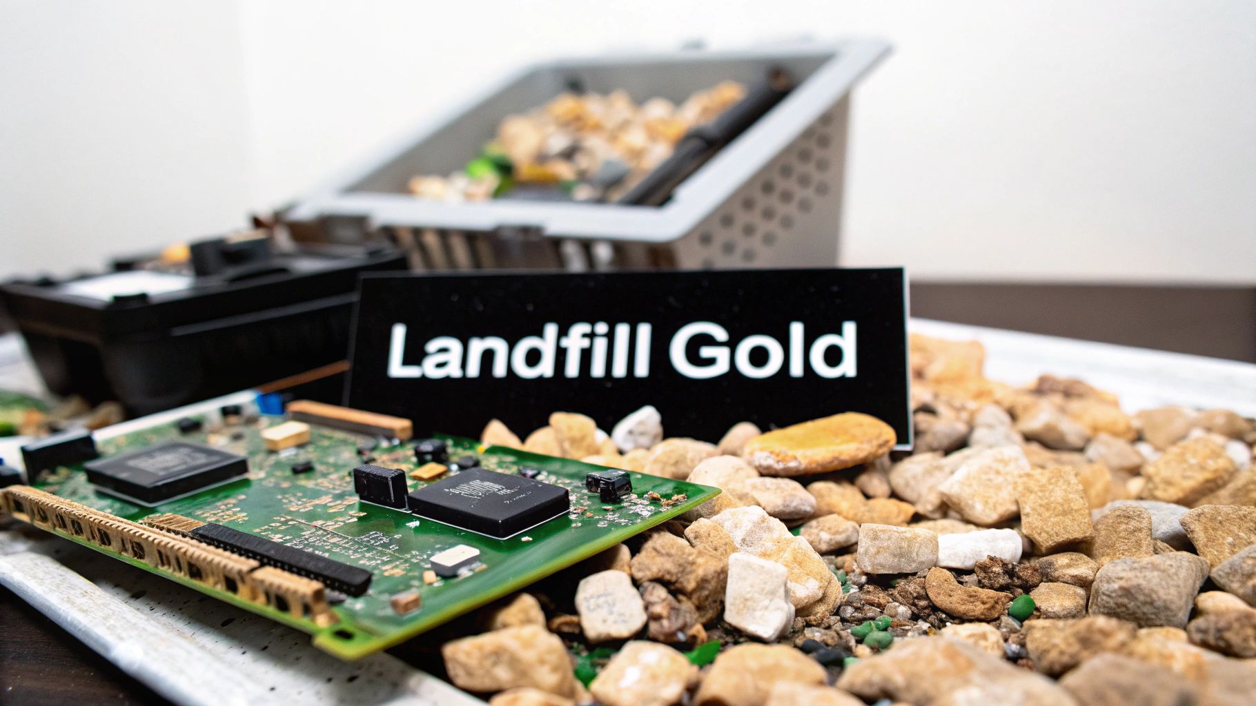 A circuit board and rocks with a 'Landfill Gold' sign, symbolizing electronic waste recycling.