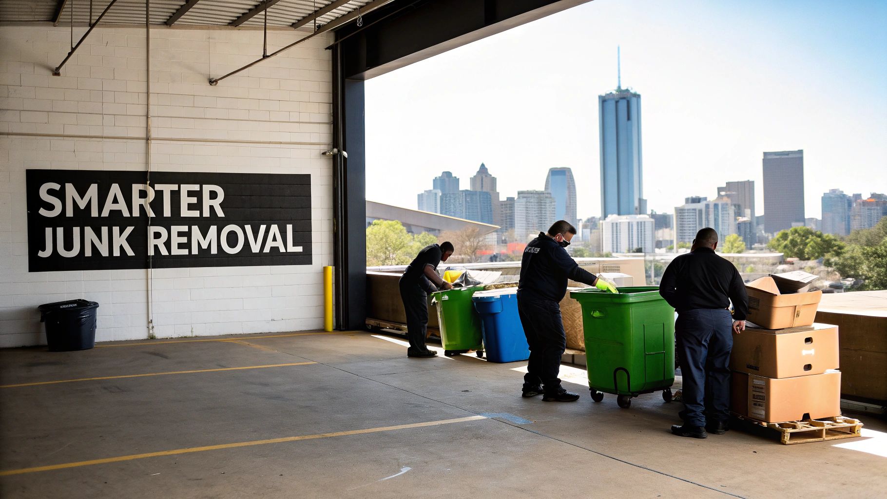 Three disposal workers sort materials into bins inside a facility, with a city skyline visible.