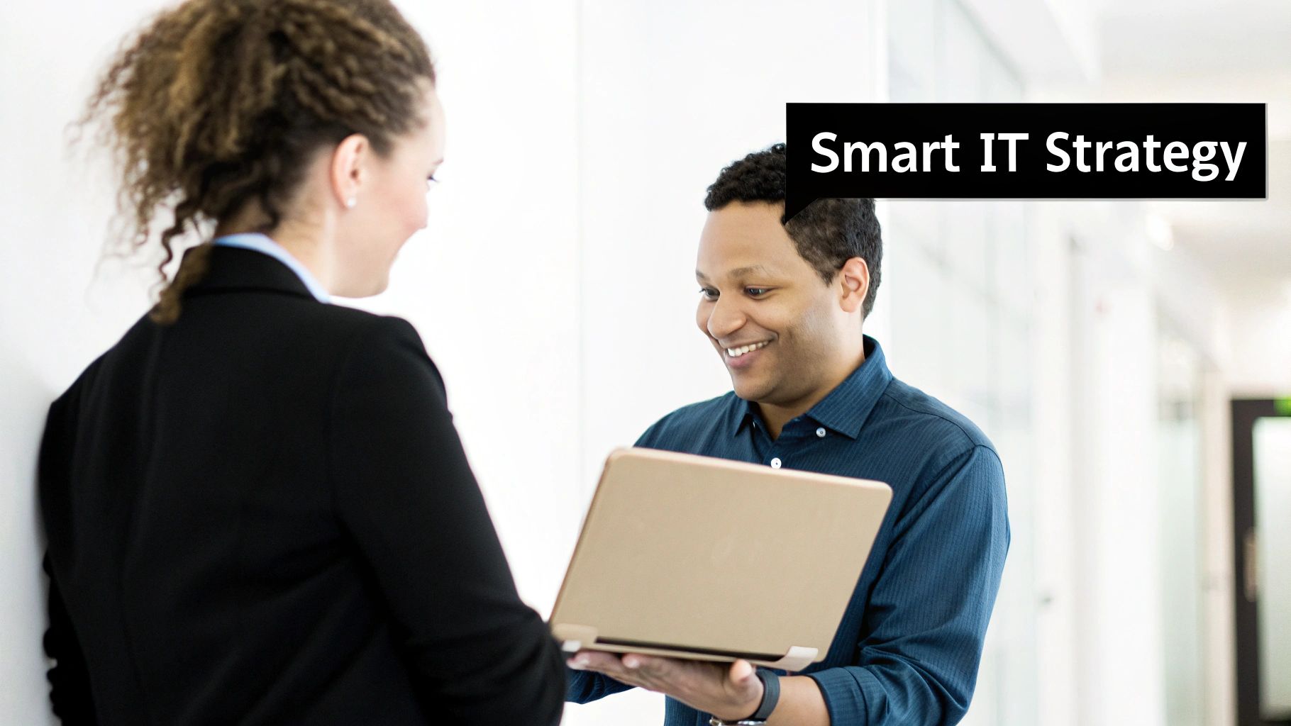 A smiling man holds a laptop, showing its screen to a woman in a professional office setting, with text overlay "Smart IT Strategy."