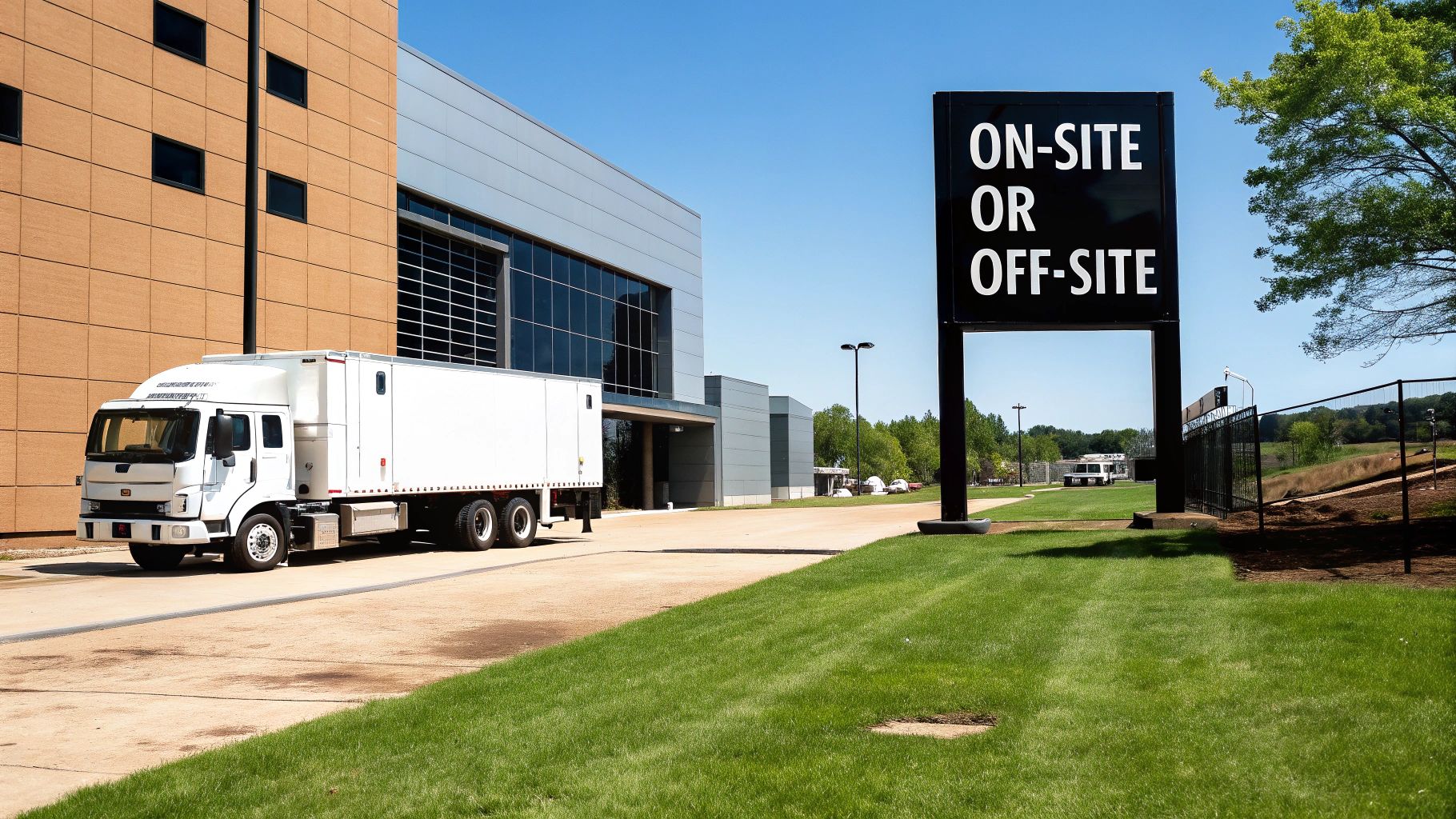 A white truck is parked near a modern building with an 'ON-SITE OR OFF-SITE' sign.