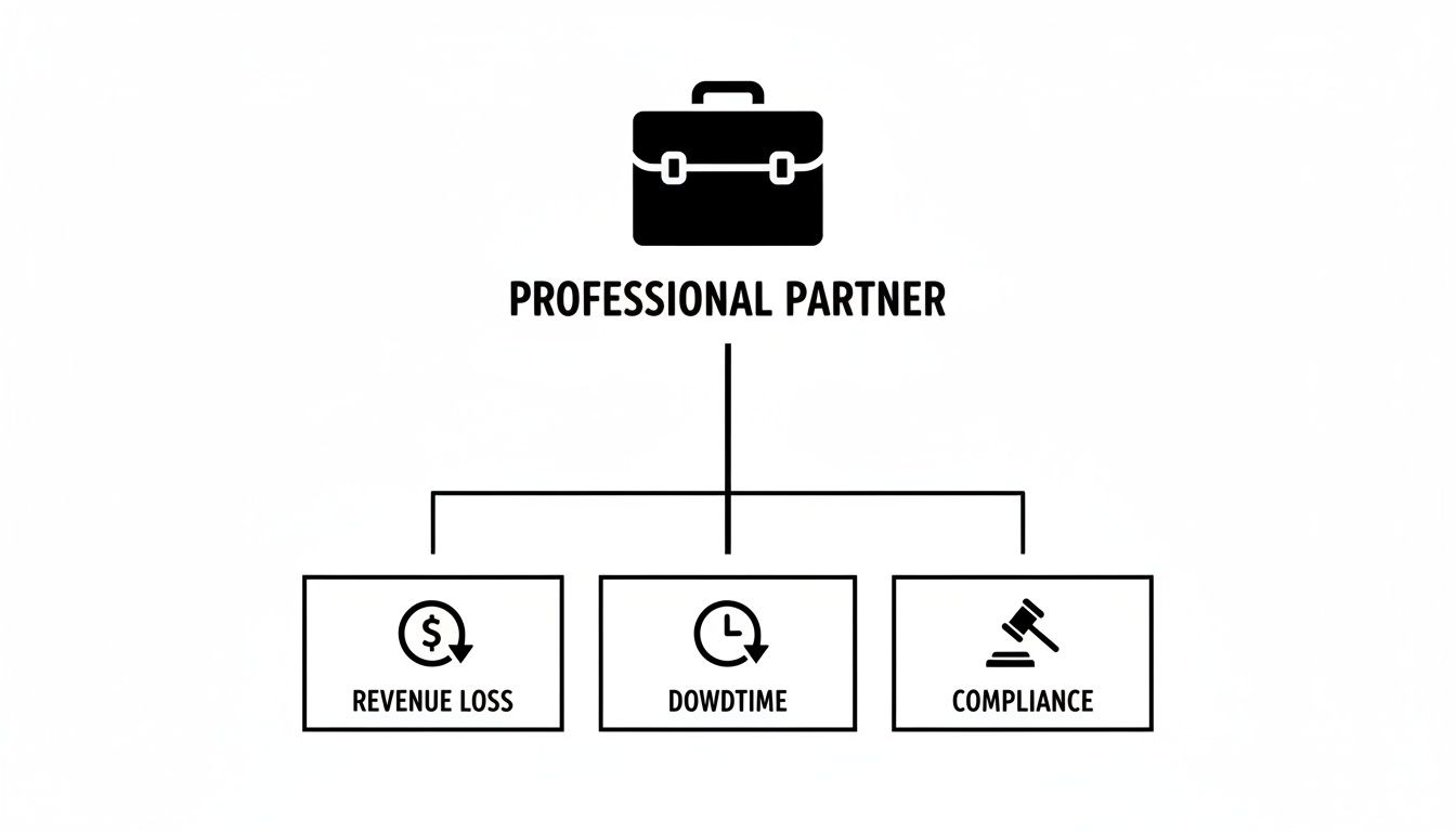 An organizational chart illustrates how a professional partner impacts revenue loss, downtime, and compliance.