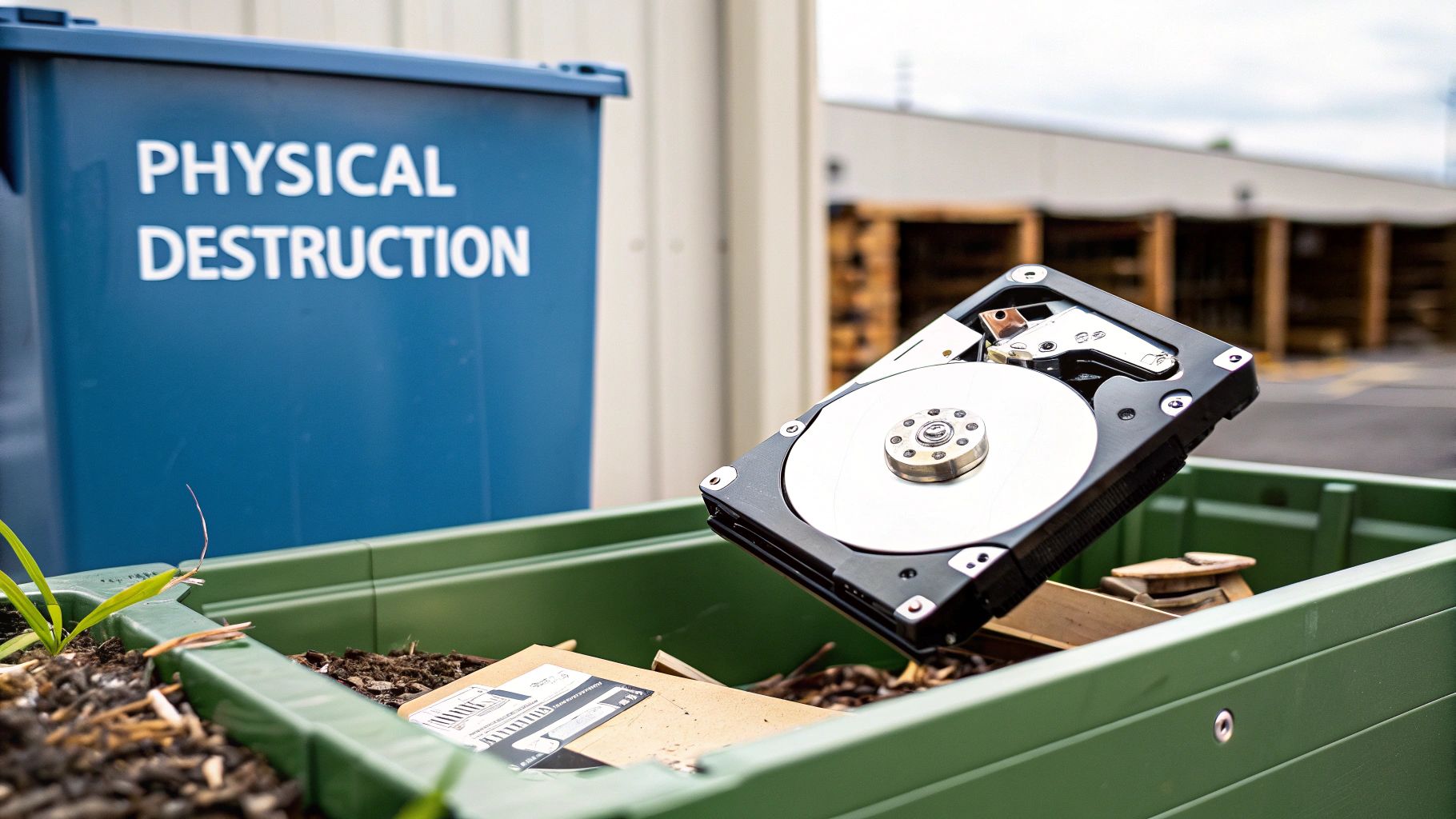 An open hard drive is being discarded into a green bin near a blue bin labeled 'PHYSICAL DESTRUCTION'.