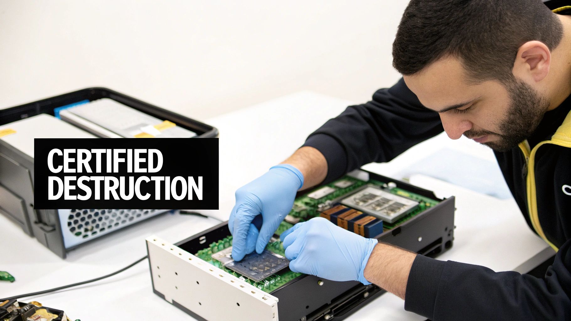 Man in blue gloves disassembling computer hardware for certified data destruction.