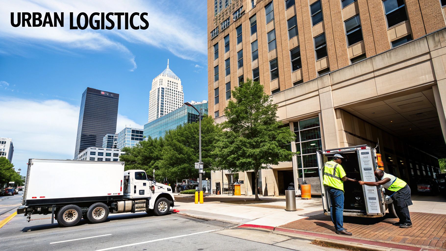 Two workers in high-visibility vests load items into a truck on a busy city street.