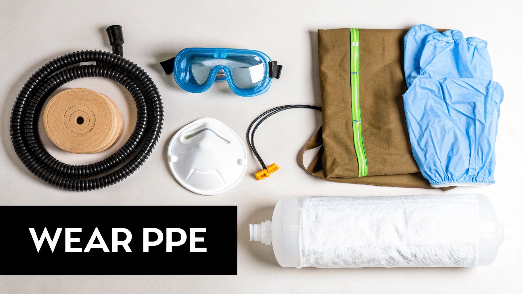 Various personal protective equipment (PPE) laid out, including a mask, goggles, gloves, and filters.