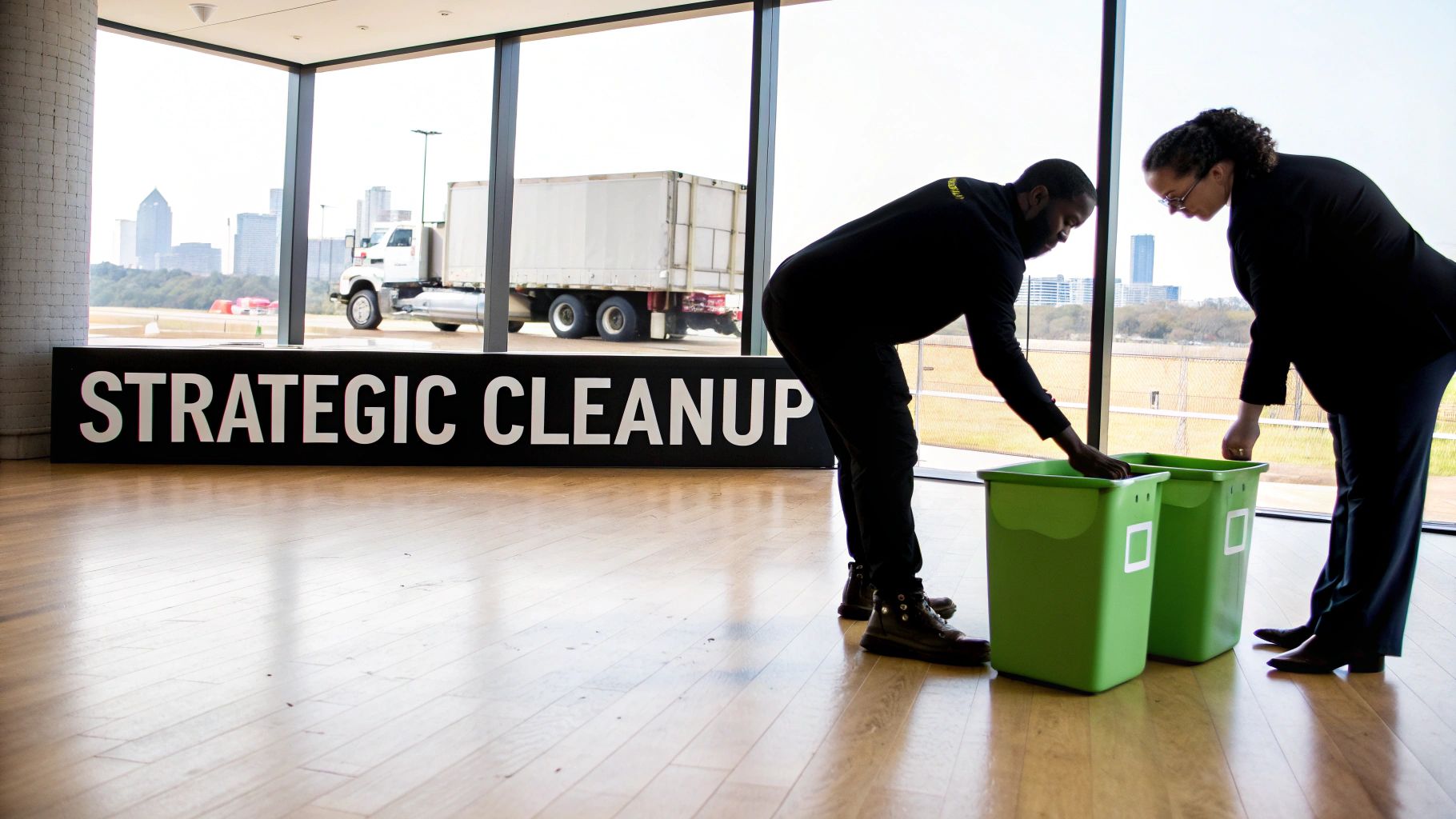 Two individuals sort materials into green recycling bins with a 'STRATEGIC CLEANUP' sign visible.