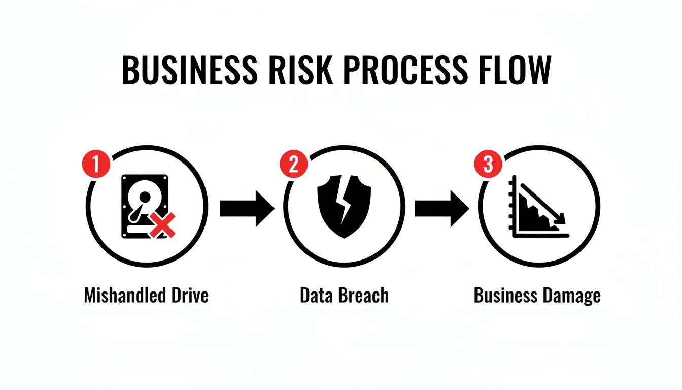 Diagram illustrating the business risk process flow from mishandled drives to data breach and business damage.