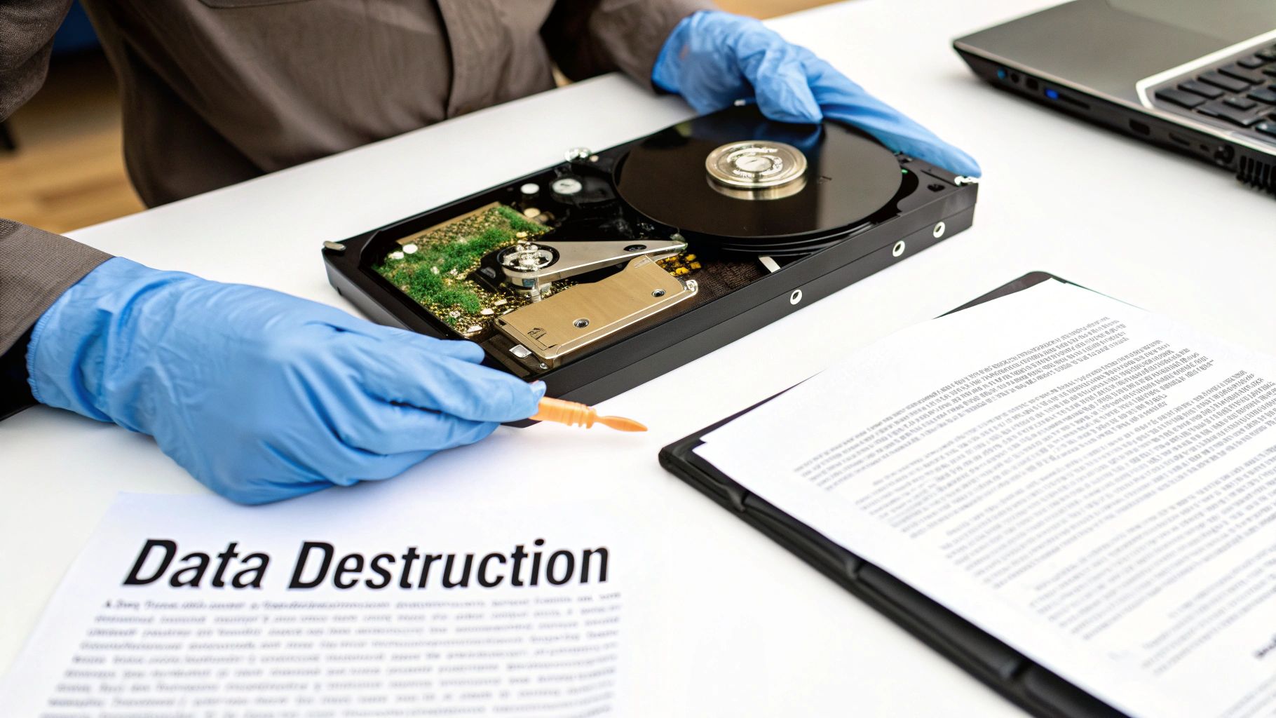 A person in blue gloves holds an opened hard drive on a white table with a "Data Destruction" document.